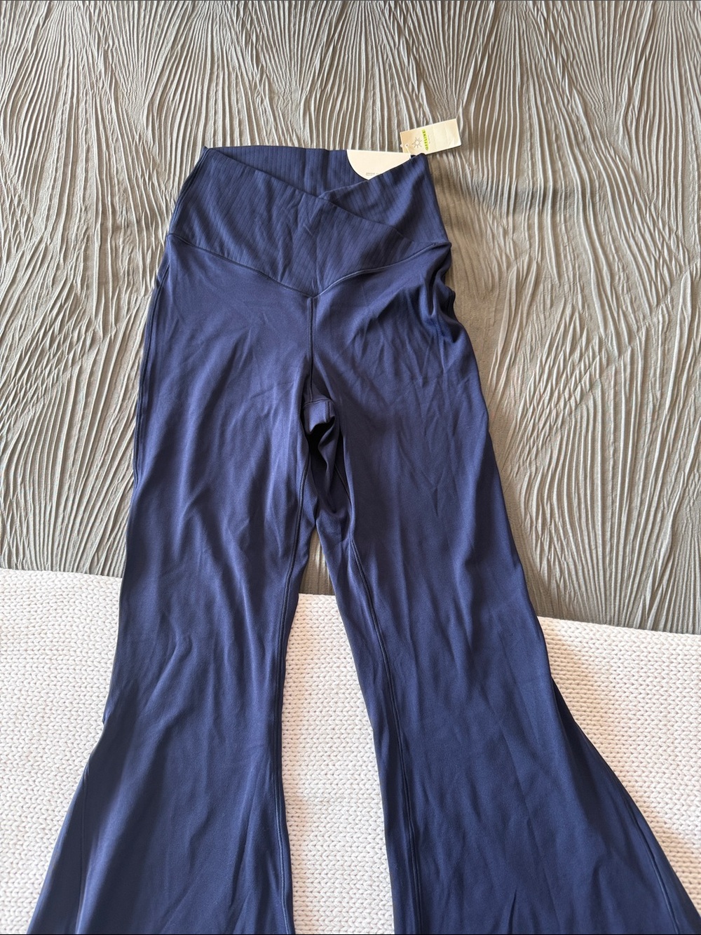 High-Rise Navy Flare Leggings with Crossover Waistband